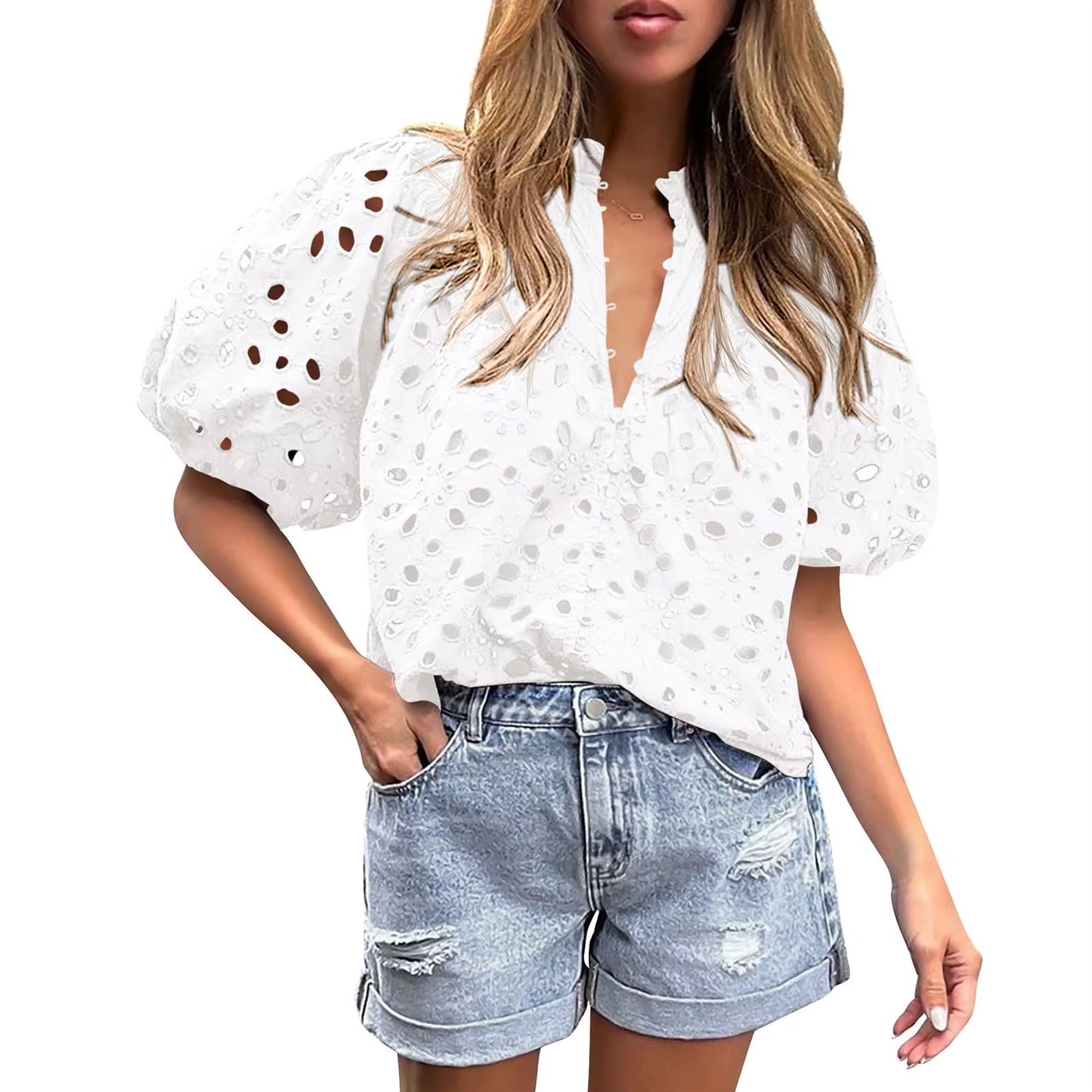 Lace Shirt Top Women Elegant Blouse Lace Crochet Shirt for Women Slim Fit Lapel Short Sleeve Shirt with Puff Sleeves Women 2024