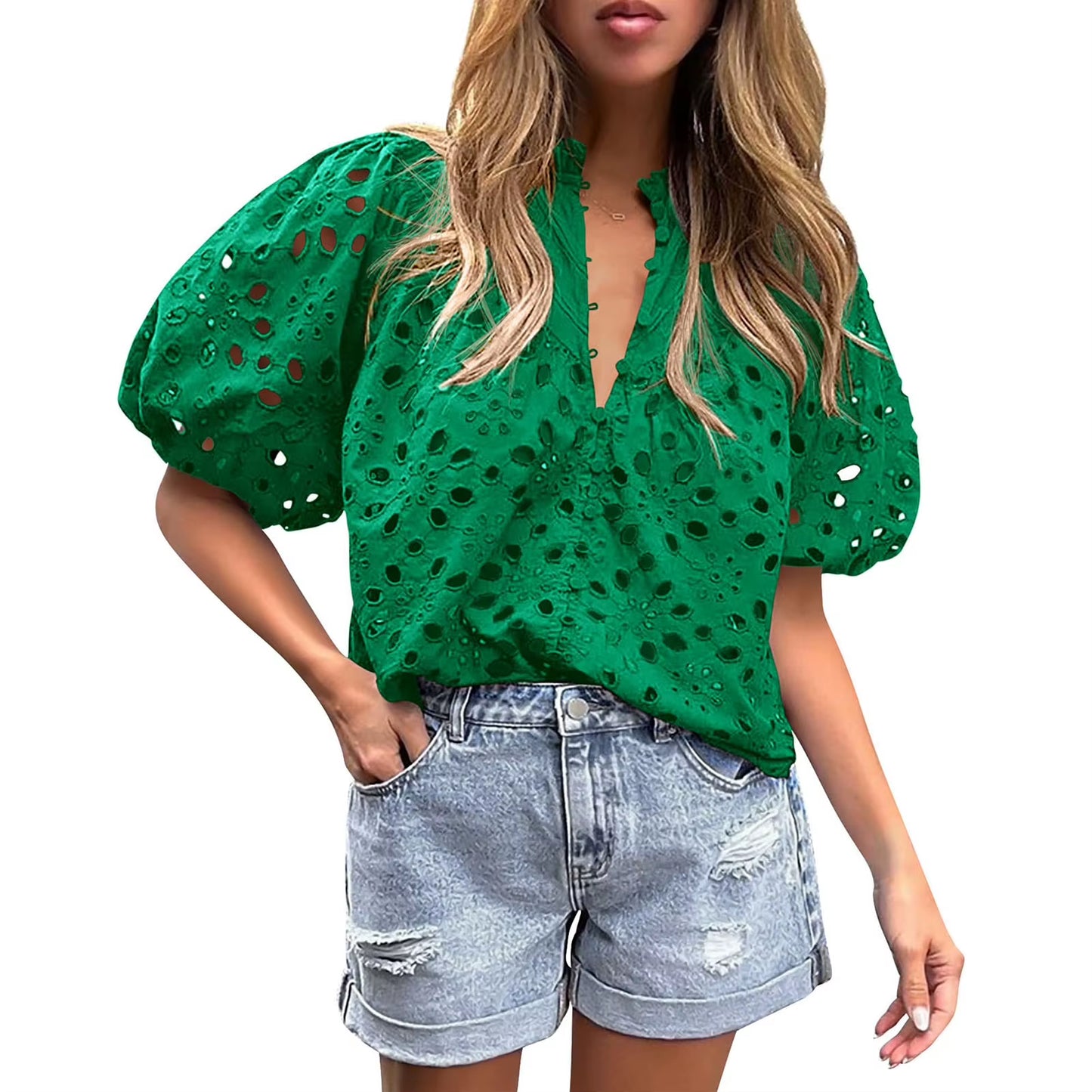 Lace Shirt Top Women Elegant Blouse Lace Crochet Shirt for Women Slim Fit Lapel Short Sleeve Shirt with Puff Sleeves Women 2024