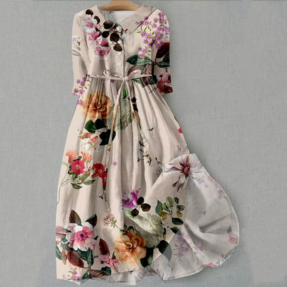 Summer Dress Bohemian Style Dress Bohemian Floral Print Midi Dress with Lace-Up Detail A-Line Silhouette for Women Spring