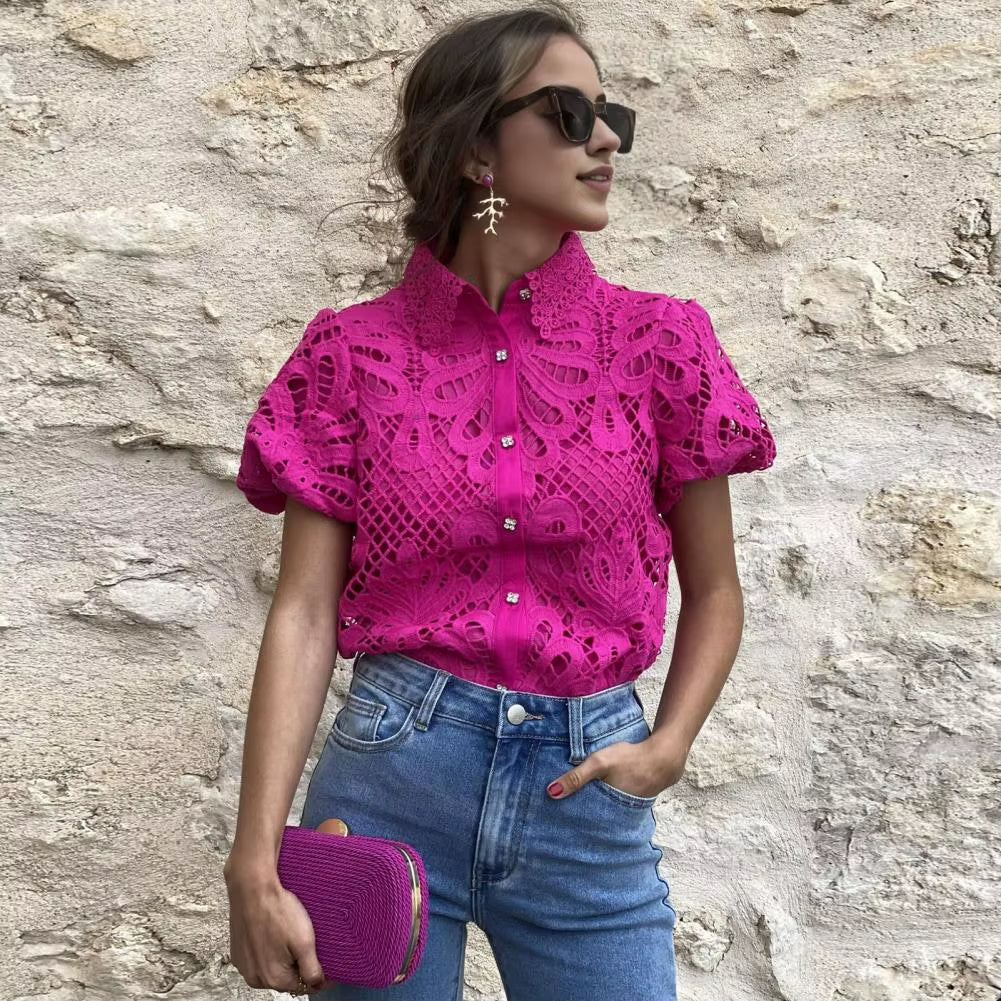 Lace Shirt Top Women Elegant Blouse Lace Crochet Shirt for Women Slim Fit Lapel Short Sleeve Shirt with Puff Sleeves Women 2024