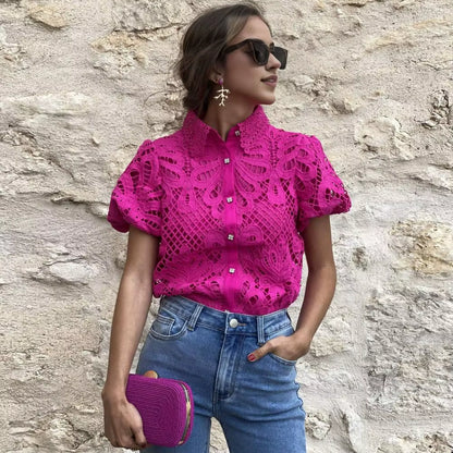 Lace Shirt Top Women Elegant Blouse Lace Crochet Shirt for Women Slim Fit Lapel Short Sleeve Shirt with Puff Sleeves Women 2024