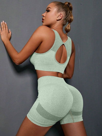 POWERISTA Powerista 2Pcs Seamless Super Elastic Yoga Set Sports Set Cut Out Tank Scrunch Butt Shorts Workout Women Set