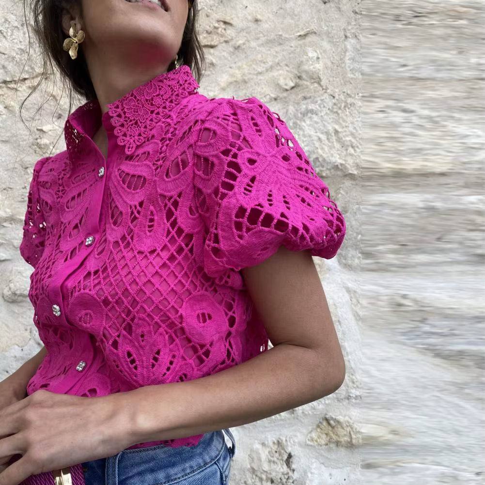 Lace Shirt Top Women Elegant Blouse Lace Crochet Shirt for Women Slim Fit Lapel Short Sleeve Shirt with Puff Sleeves Women 2024
