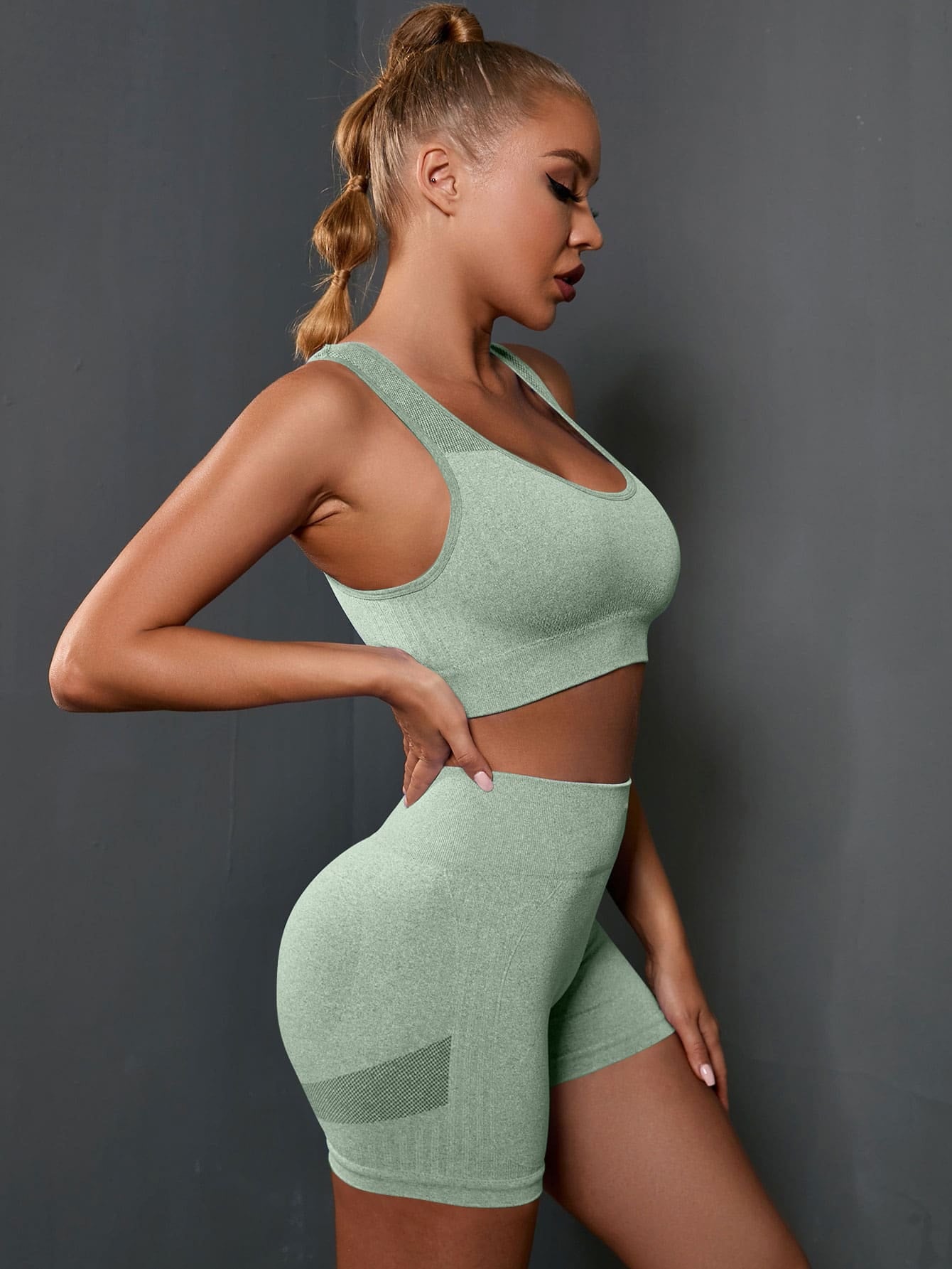 POWERISTA Powerista 2Pcs Seamless Super Elastic Yoga Set Sports Set Cut Out Tank Scrunch Butt Shorts Workout Women Set
