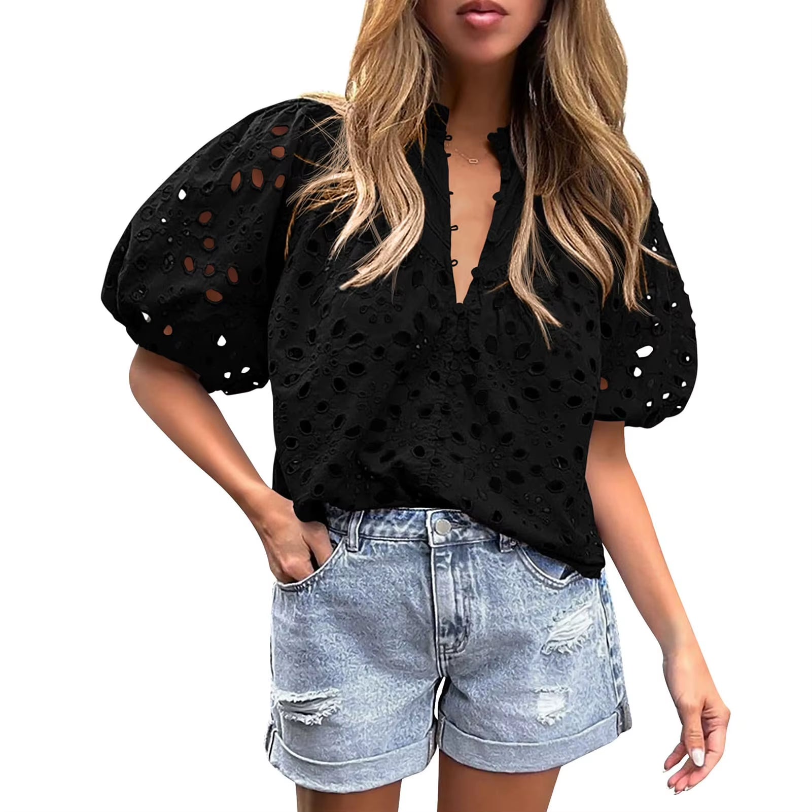 Lace Shirt Top Women Elegant Blouse Lace Crochet Shirt for Women Slim Fit Lapel Short Sleeve Shirt with Puff Sleeves Women 2024