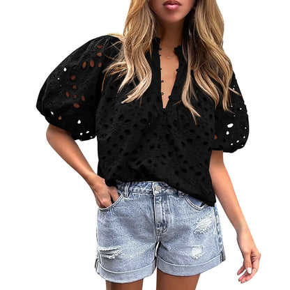 Lace Shirt Top Women Elegant Blouse Lace Crochet Shirt for Women Slim Fit Lapel Short Sleeve Shirt with Puff Sleeves Women 2024