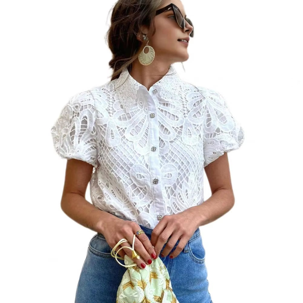 Lace Shirt Top Women Elegant Blouse Lace Crochet Shirt for Women Slim Fit Lapel Short Sleeve Shirt with Puff Sleeves Women 2024