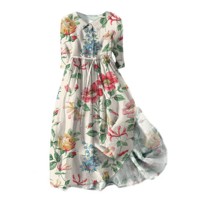 Summer Dress Bohemian Style Dress Bohemian Floral Print Midi Dress with Lace-Up Detail A-Line Silhouette for Women Spring