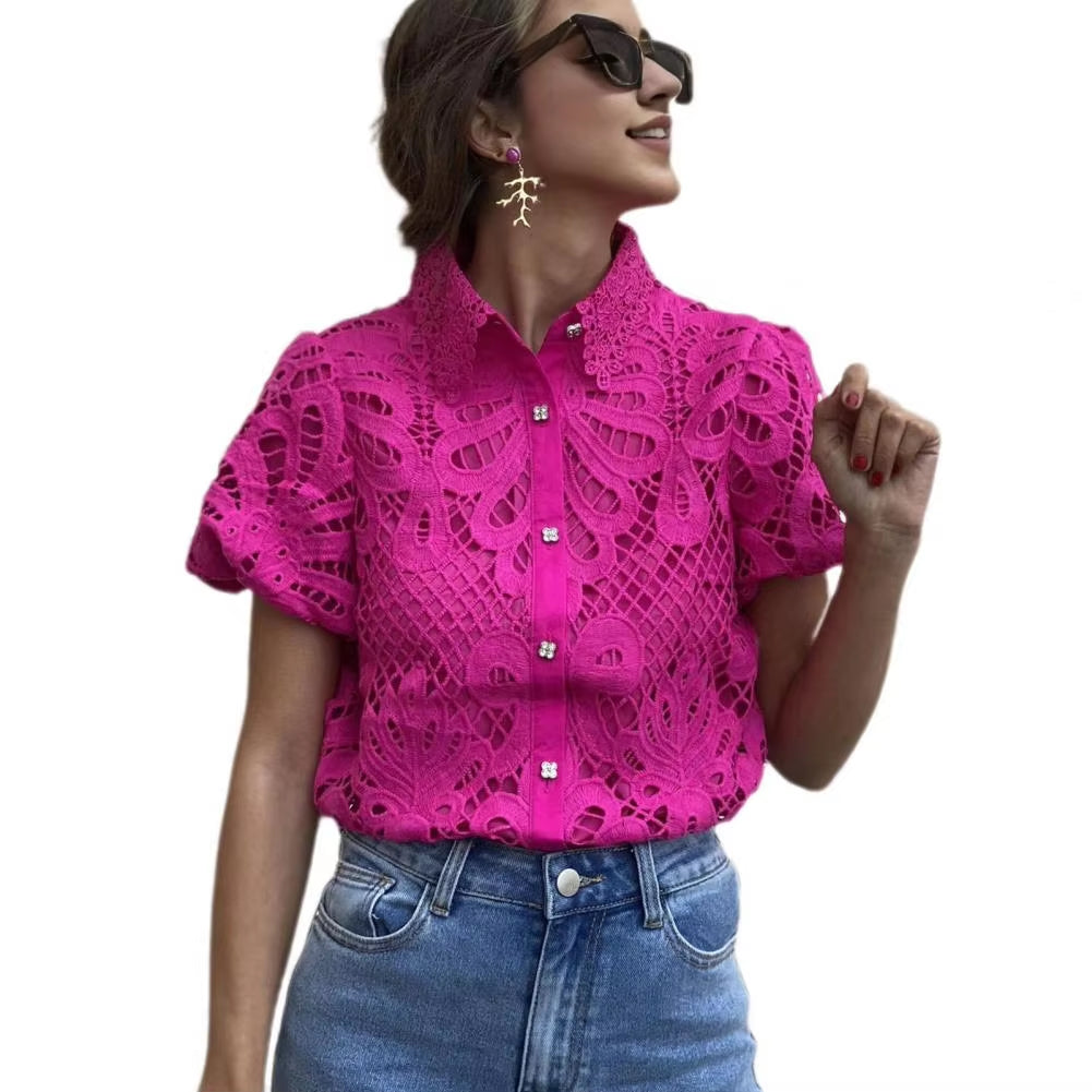 Lace Shirt Top Women Elegant Blouse Lace Crochet Shirt for Women Slim Fit Lapel Short Sleeve Shirt with Puff Sleeves Women 2024