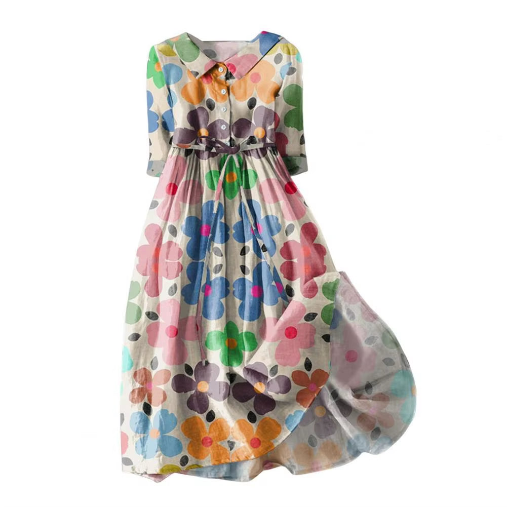 Summer Dress Bohemian Style Dress Bohemian Floral Print Midi Dress with Lace-Up Detail A-Line Silhouette for Women Spring
