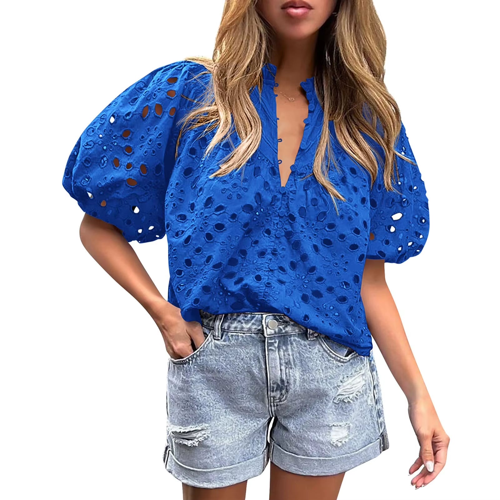 Lace Shirt Top Women Elegant Blouse Lace Crochet Shirt for Women Slim Fit Lapel Short Sleeve Shirt with Puff Sleeves Women 2024