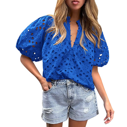 Lace Shirt Top Women Elegant Blouse Lace Crochet Shirt for Women Slim Fit Lapel Short Sleeve Shirt with Puff Sleeves Women 2024