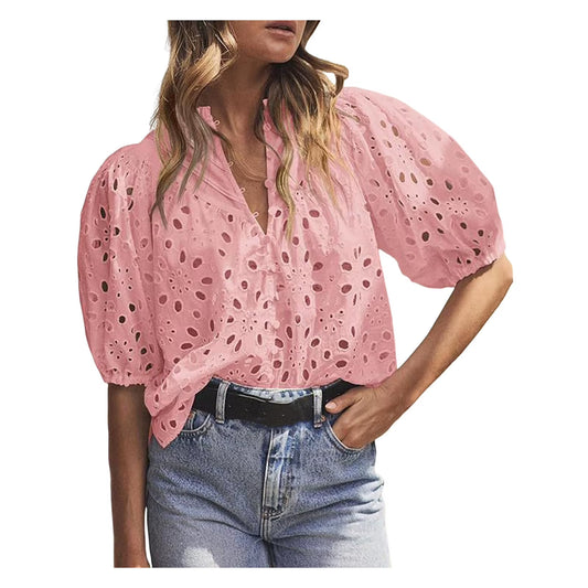 Lace Shirt Top Women Elegant Blouse Lace Crochet Shirt for Women Slim Fit Lapel Short Sleeve Shirt with Puff Sleeves Women 2024