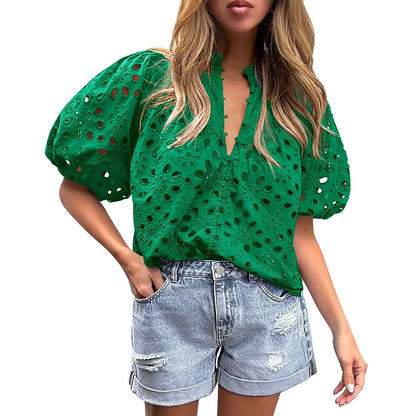 Lace Shirt Top Women Elegant Blouse Lace Crochet Shirt for Women Slim Fit Lapel Short Sleeve Shirt with Puff Sleeves Women 2024
