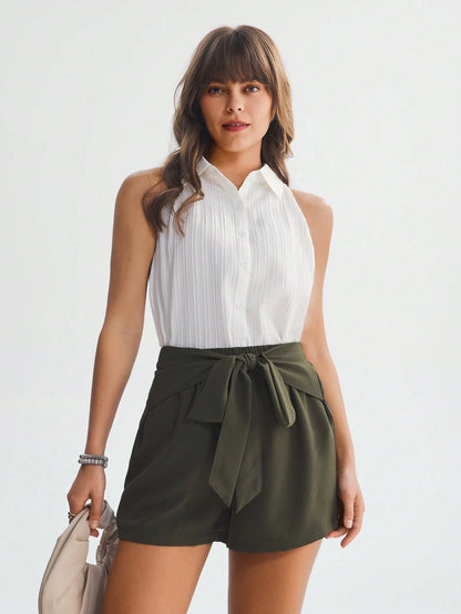 Wildy Solid Knot Front Wide Leg Shorts
