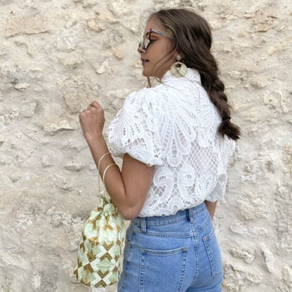 Lace Shirt Top Women Elegant Blouse Lace Crochet Shirt for Women Slim Fit Lapel Short Sleeve Shirt with Puff Sleeves Women 2024