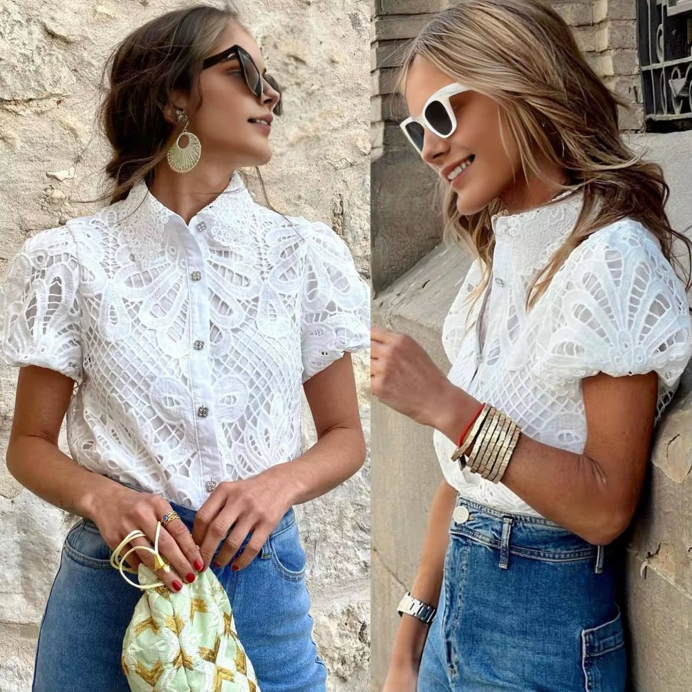 Lace Shirt Top Women Elegant Blouse Lace Crochet Shirt for Women Slim Fit Lapel Short Sleeve Shirt with Puff Sleeves Women 2024
