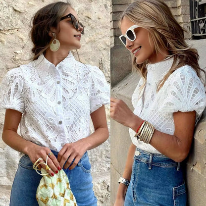 Lace Shirt Top Women Elegant Blouse Lace Crochet Shirt for Women Slim Fit Lapel Short Sleeve Shirt with Puff Sleeves Women 2024