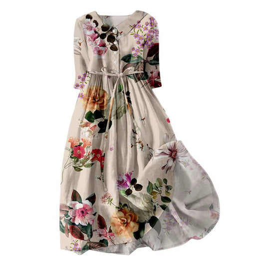 Summer Dress Bohemian Style Dress Bohemian Floral Print Midi Dress with Lace-Up Detail A-Line Silhouette for Women Spring