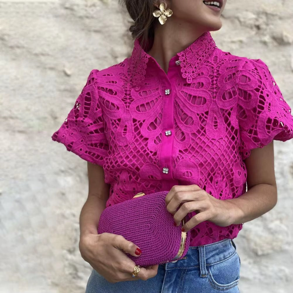 Lace Shirt Top Women Elegant Blouse Lace Crochet Shirt for Women Slim Fit Lapel Short Sleeve Shirt with Puff Sleeves Women 2024