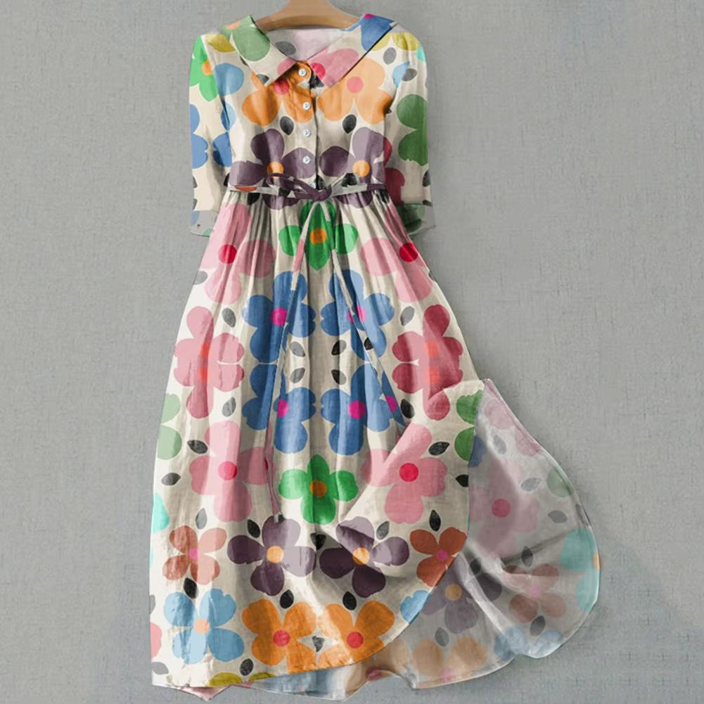 Summer Dress Bohemian Style Dress Bohemian Floral Print Midi Dress with Lace-Up Detail A-Line Silhouette for Women Spring