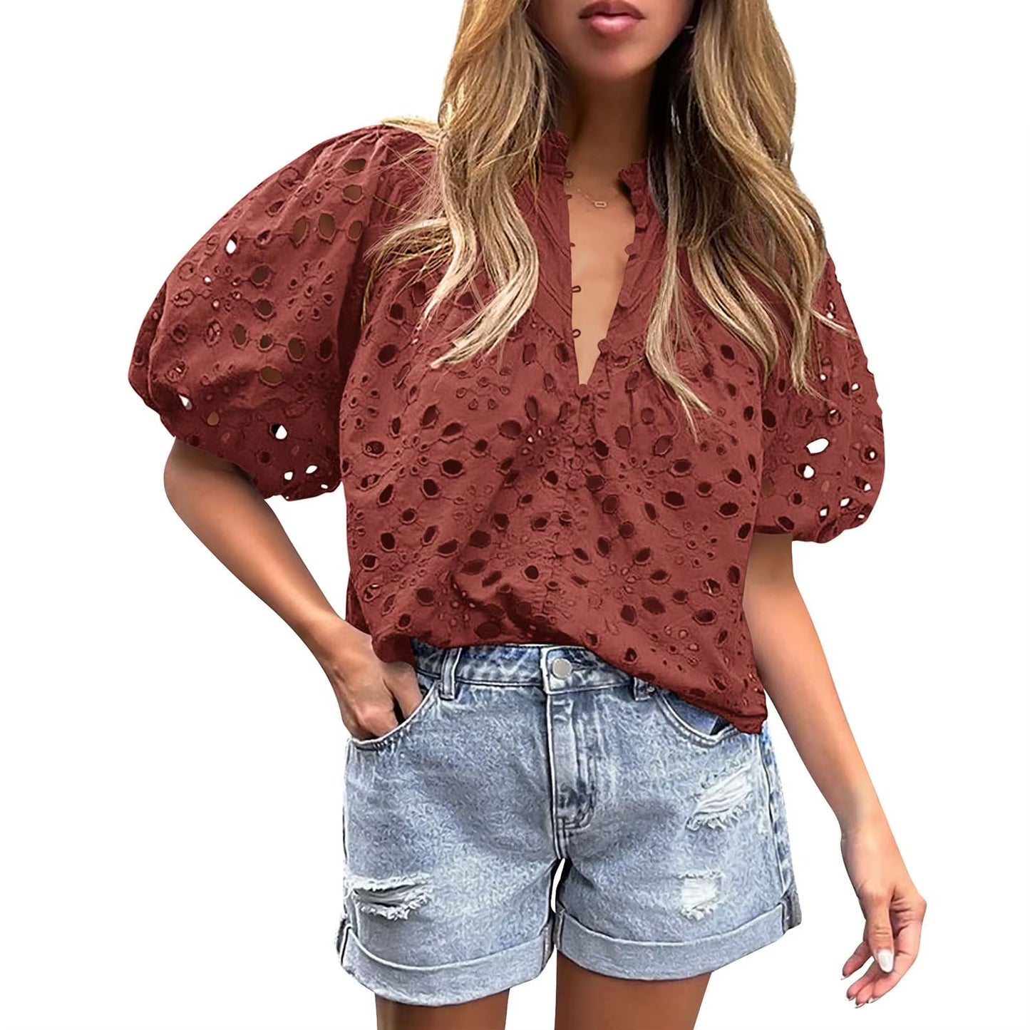 Lace Shirt Top Women Elegant Blouse Lace Crochet Shirt for Women Slim Fit Lapel Short Sleeve Shirt with Puff Sleeves Women 2024