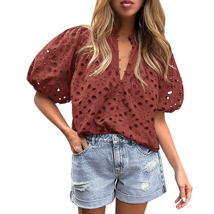 Lace Shirt Top Women Elegant Blouse Lace Crochet Shirt for Women Slim Fit Lapel Short Sleeve Shirt with Puff Sleeves Women 2024