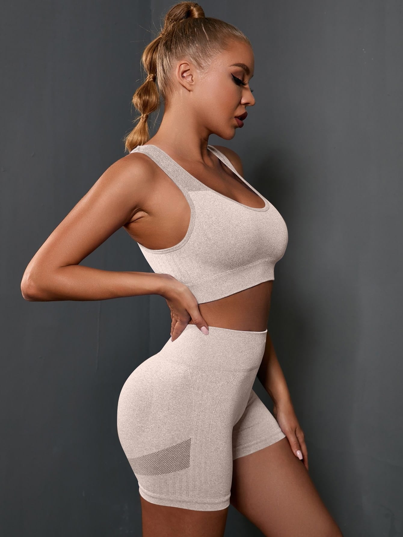 POWERISTA Powerista 2Pcs Seamless Super Elastic Yoga Set Sports Set Cut Out Tank Scrunch Butt Shorts Workout Women Set