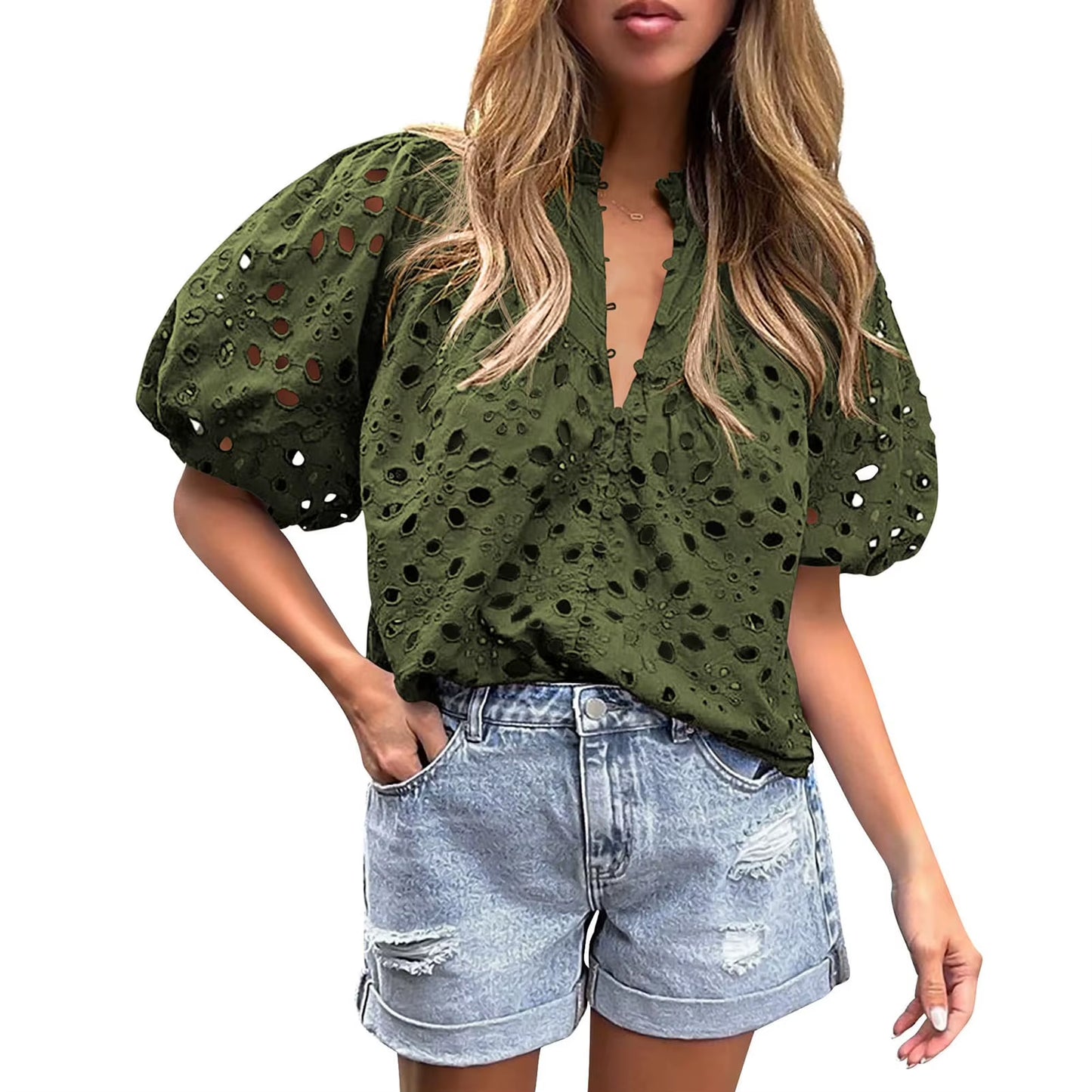 Lace Shirt Top Women Elegant Blouse Lace Crochet Shirt for Women Slim Fit Lapel Short Sleeve Shirt with Puff Sleeves Women 2024