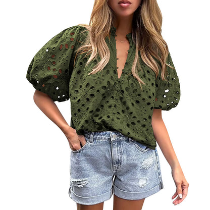 Lace Shirt Top Women Elegant Blouse Lace Crochet Shirt for Women Slim Fit Lapel Short Sleeve Shirt with Puff Sleeves Women 2024
